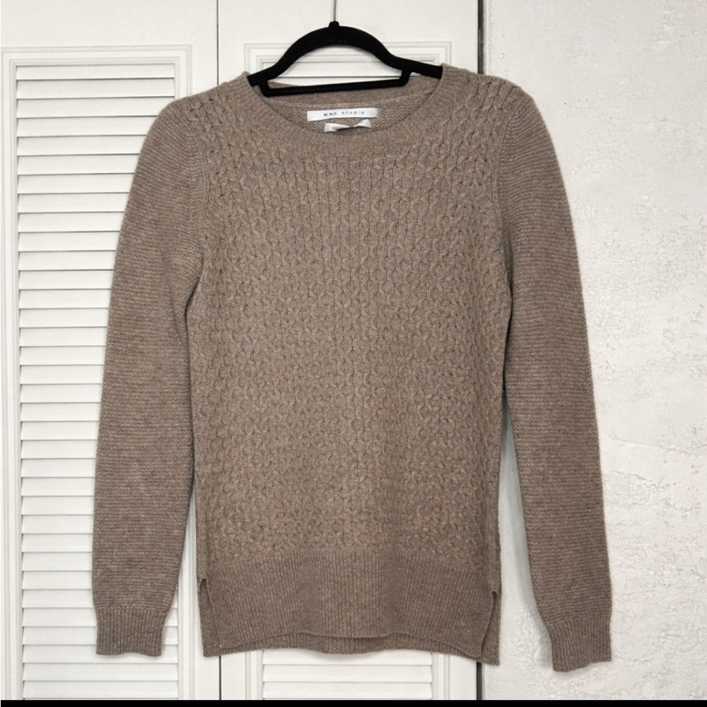 100% 2ply Cashmere Max Studio diamond Knit Sweater Taupe Beige Crewneck Size M